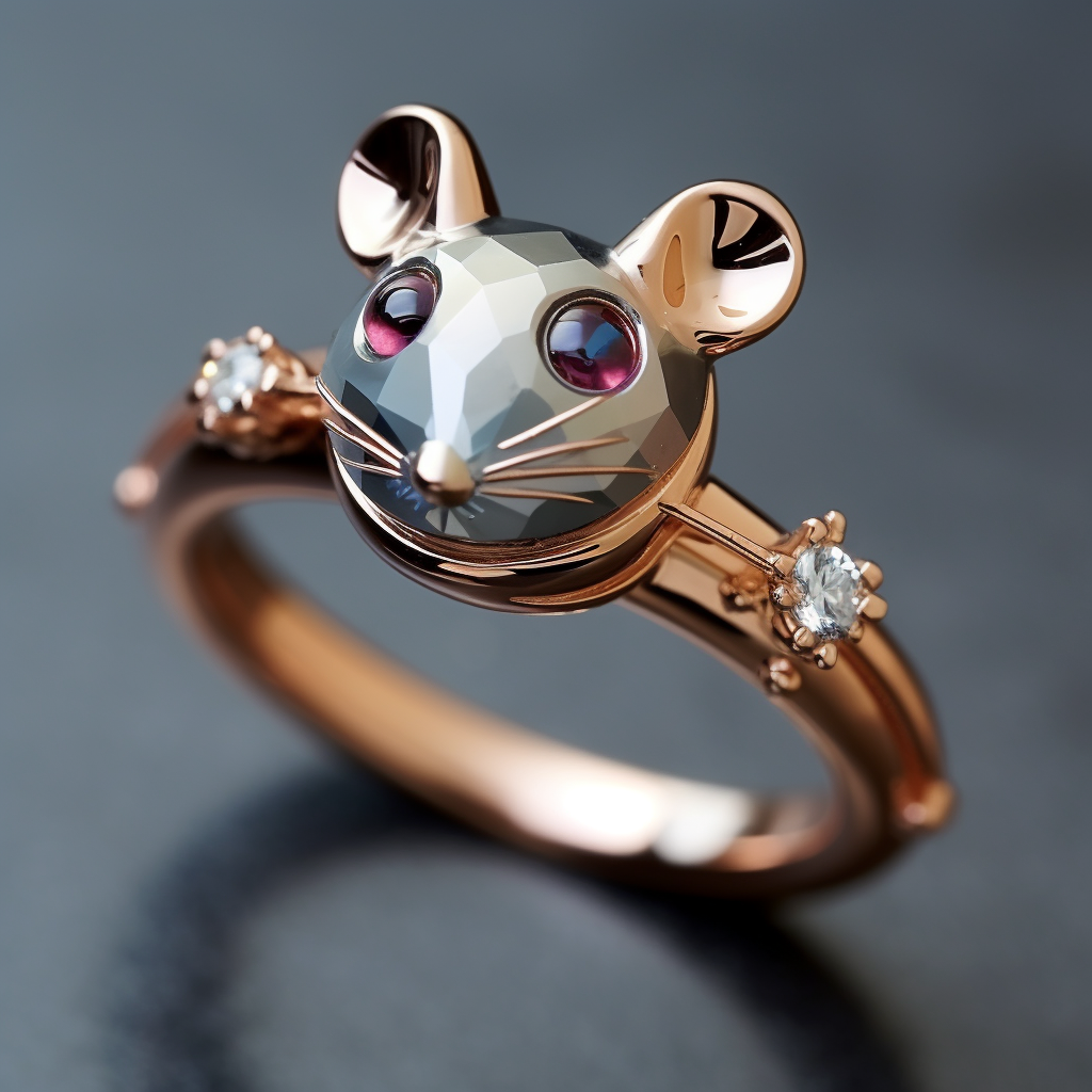 A gold ring with a rat in the center with garnet-like gems for eyes and two tiny diamonds on either side of its face