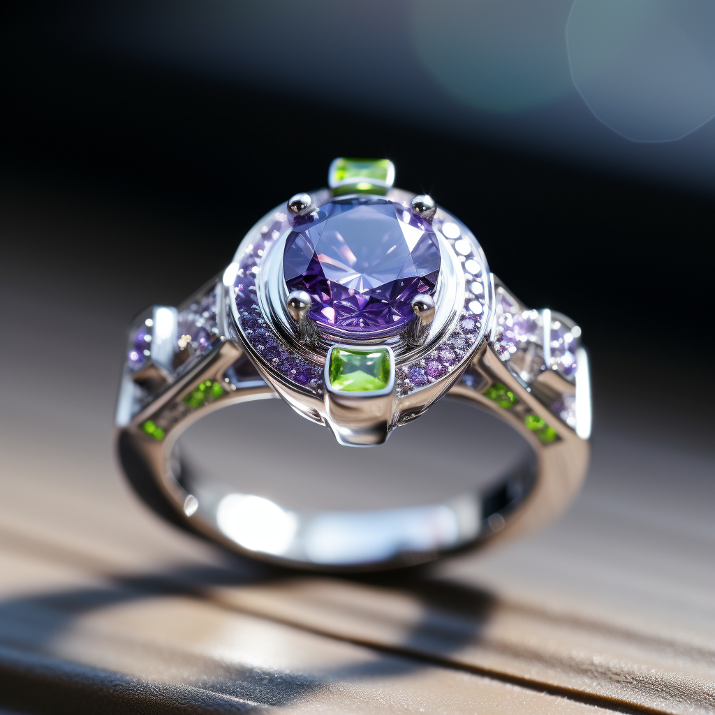 A silver ring with a large purple topaz-like gem in the middle surrounded by tinier purple topaz-like gems and a few peridot-like gems