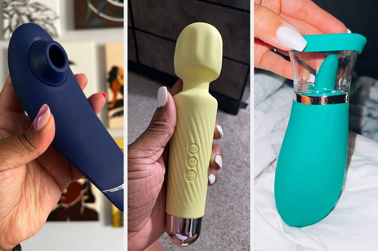 Hand holding blue suction vibrator, reviewer holding yellow mini wand vibrator and reviewer holding teal clitoral vibrator with tongue