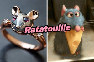 On the left, an engagement ring with a rat in the center, and on the right, Remy from Ratatouille eating a piece of cheese with Ratatouille typed in the middle