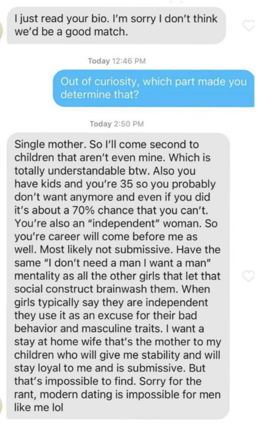 long message saying he doesn&#x27;t want to date a single mother who is described as independent because then she won&#x27;t be submissive