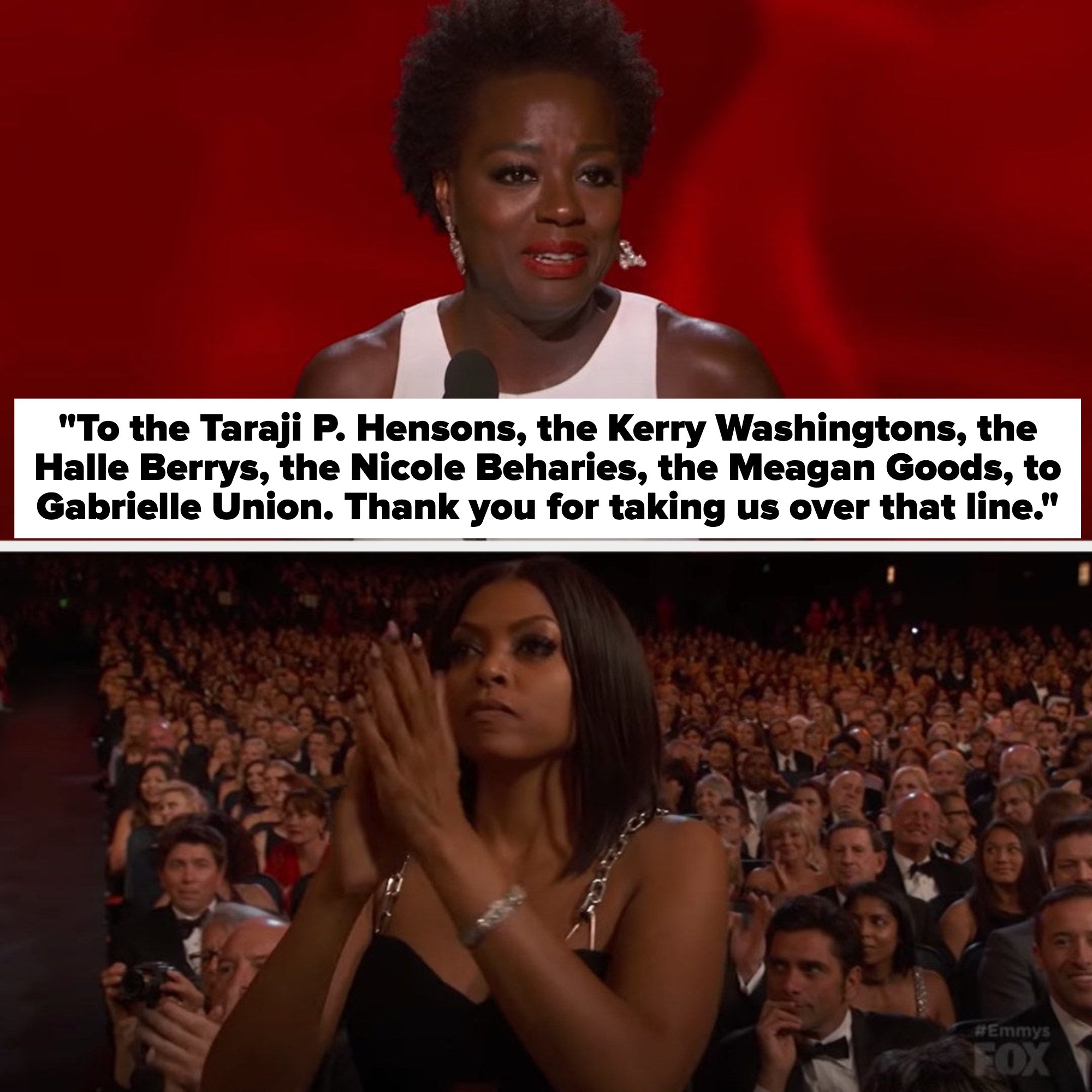 Davis thanking her fellow actors, saying: &quot;And to the Taraji P. Hensons, the Kerry Washingtons, the Halle Berrys, the Nicole Beharies, the Meagan Goods, to Gabrielle Union. Thank you for taking us over that line&quot;