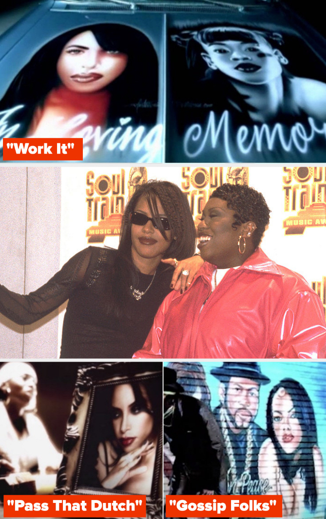 Aaliyah and Elliott in 1998; Aaliyah in Elliott&#x27;s music videos &quot;Work It,&quot; Pass That Dutch,&quot; and &quot;Gossip Folks&quot;