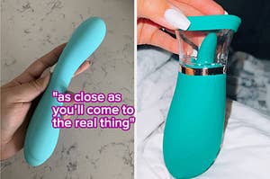 Reviewer holding turquoise vibrator and reviewer holding turquoise clitoral stimulator