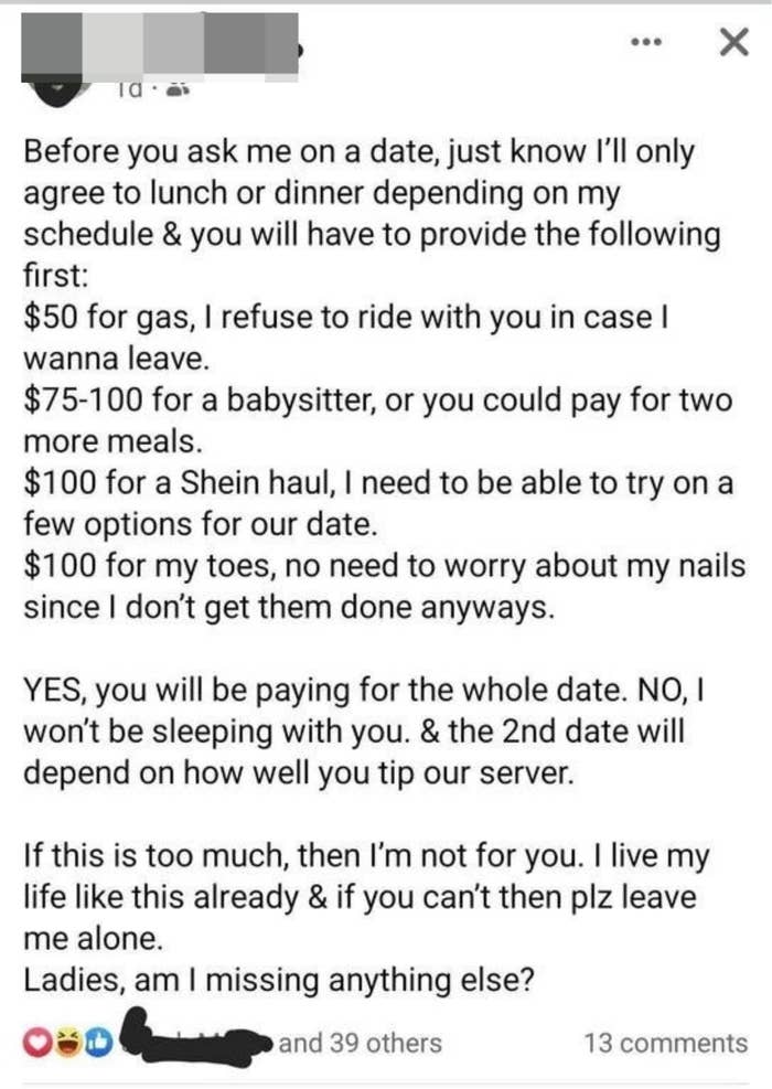 person requesting $50 for gas, $100 for shopping, $100 for a pedicure, and babysitting money if anyone wants to date them