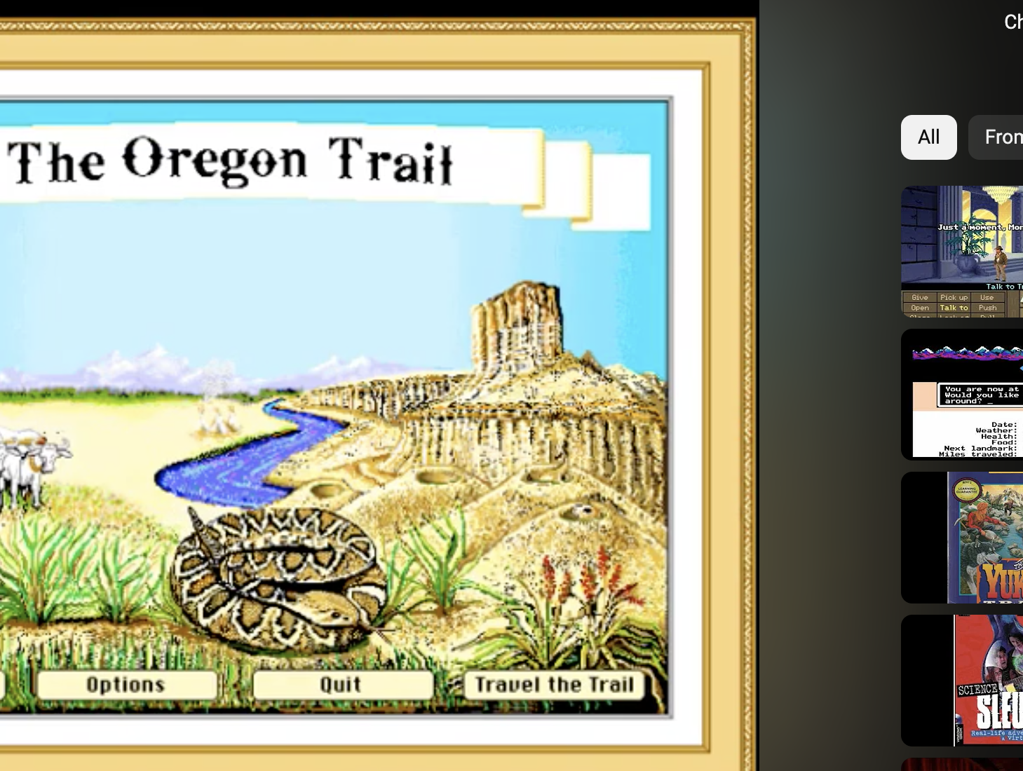 The homepage for the video game &quot;The Oregon Trail&quot; is shown