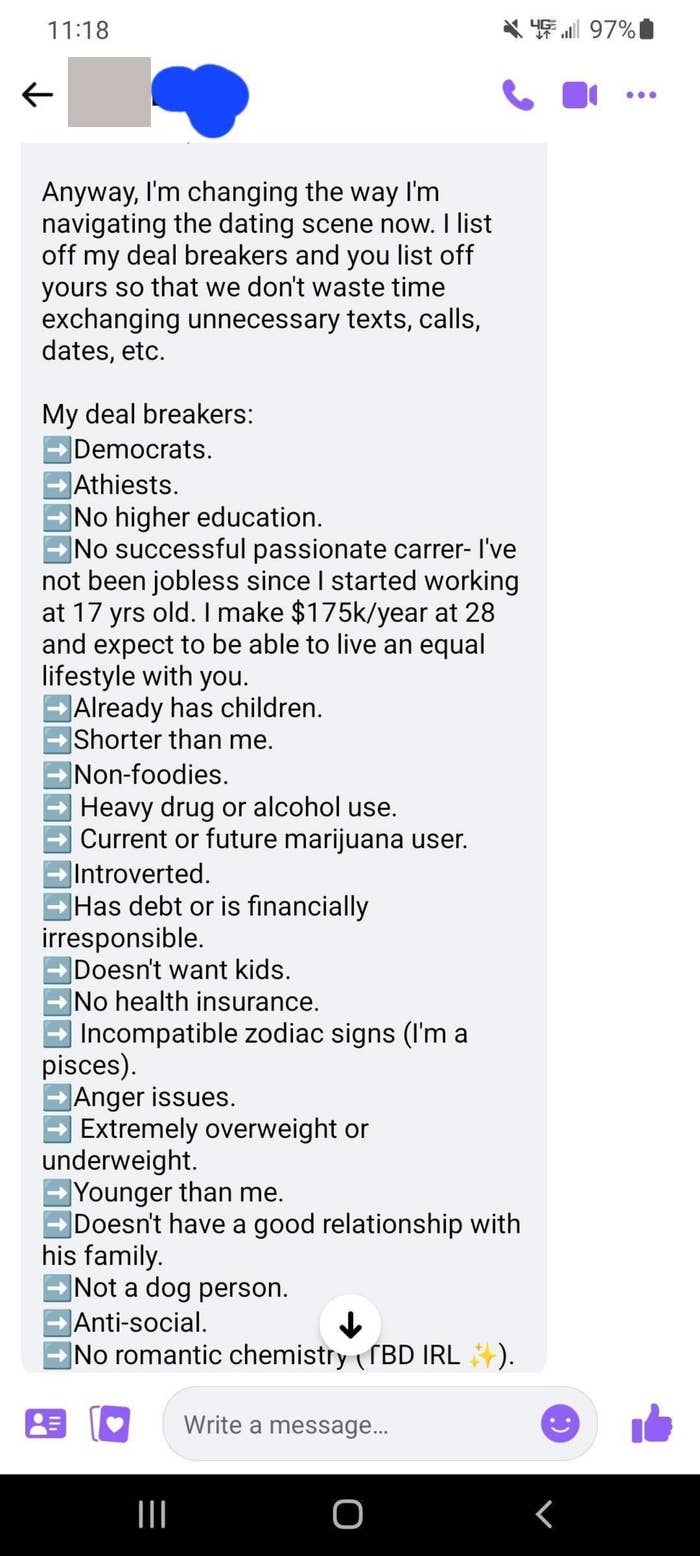 lists of deal-breakers include being a democrat, being shorter, not being a dog person, and incompatible zodiac signs