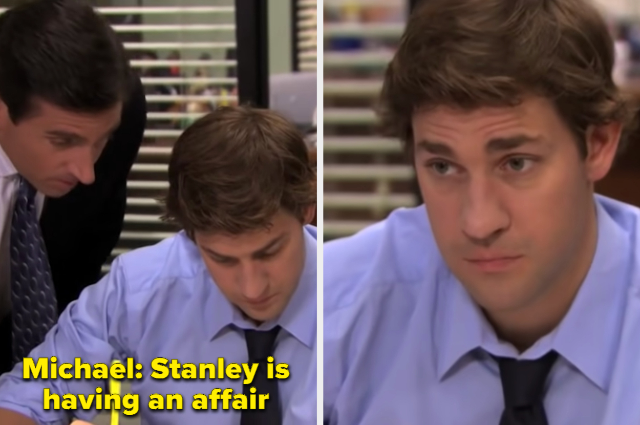Michael from "The Office" is whispering to Jim, "Stanley is having an affair"