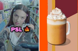 Olivia in the "good 4 u" video next to a separate image of a pumpkin spice latte from Starbucks
