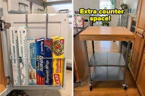 side by side photos of a over the door rack and a mobile countertop