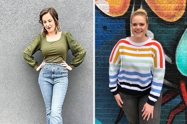 A reviewer with a green mesh sleeve top and a reviewer with a plaid shacket