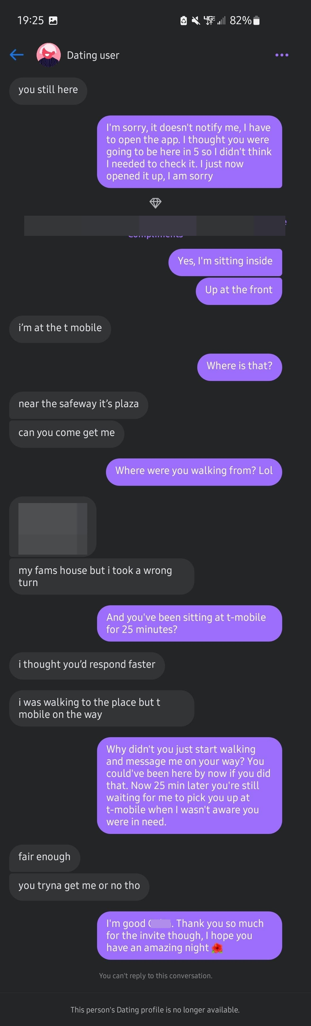 someone trying to get picked up at a t-mobile because they were walking to their date