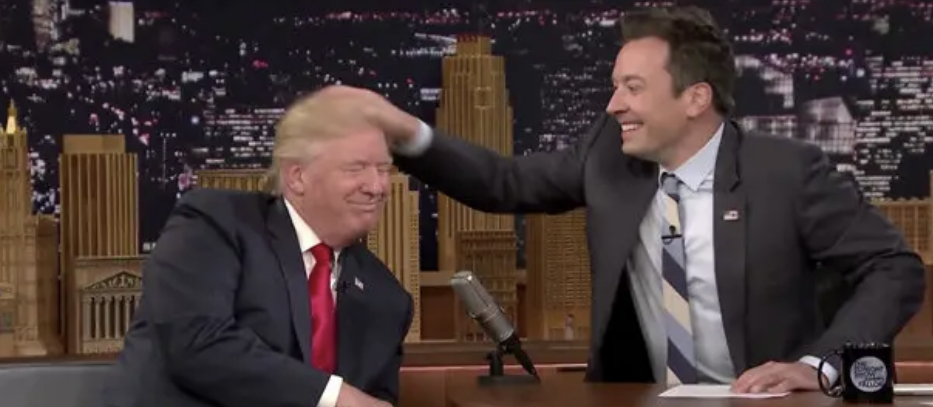 Jimmy running his hand through Donald Trump&#x27;s hair