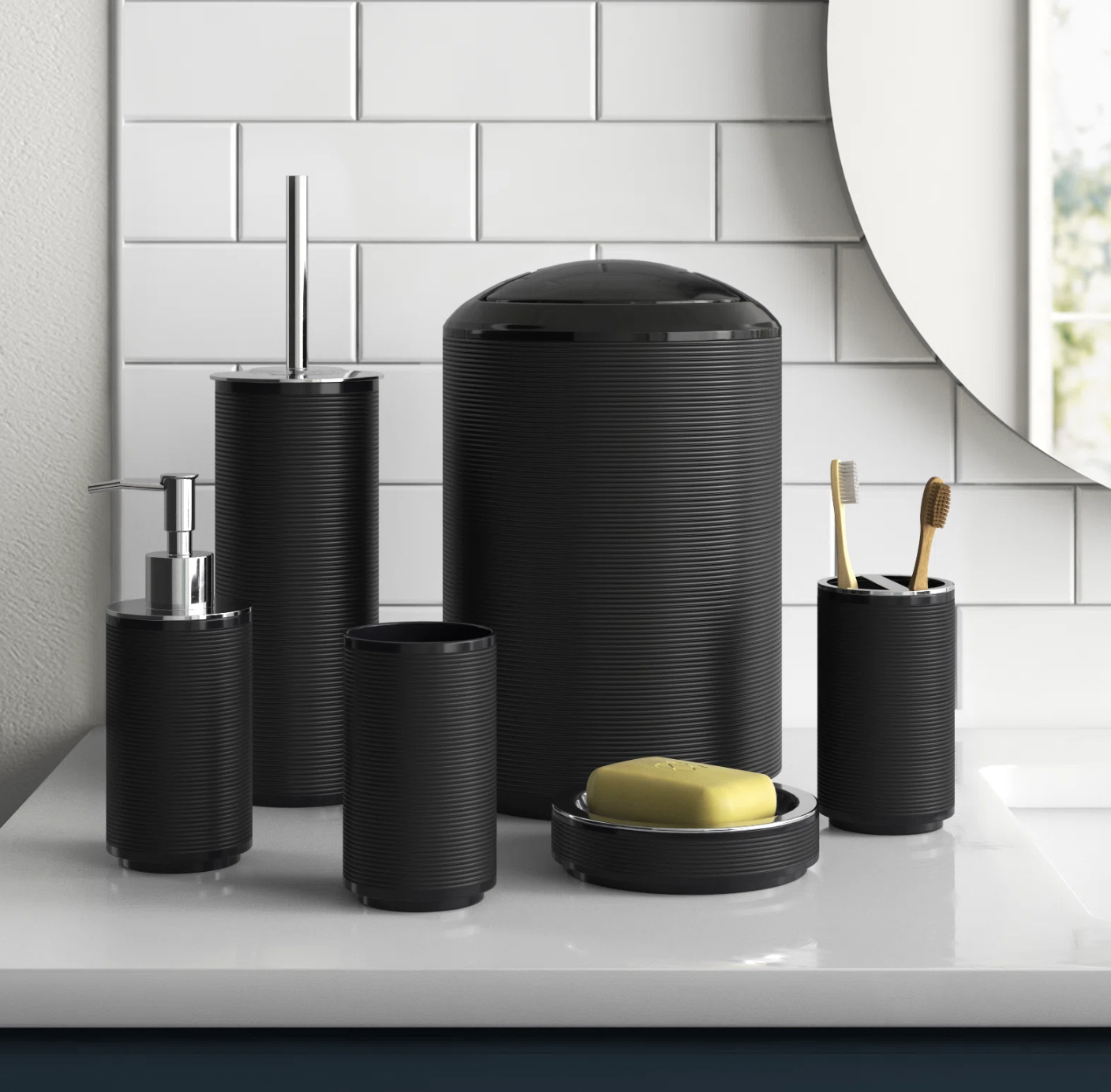 A six piece bathroom accessory set in black