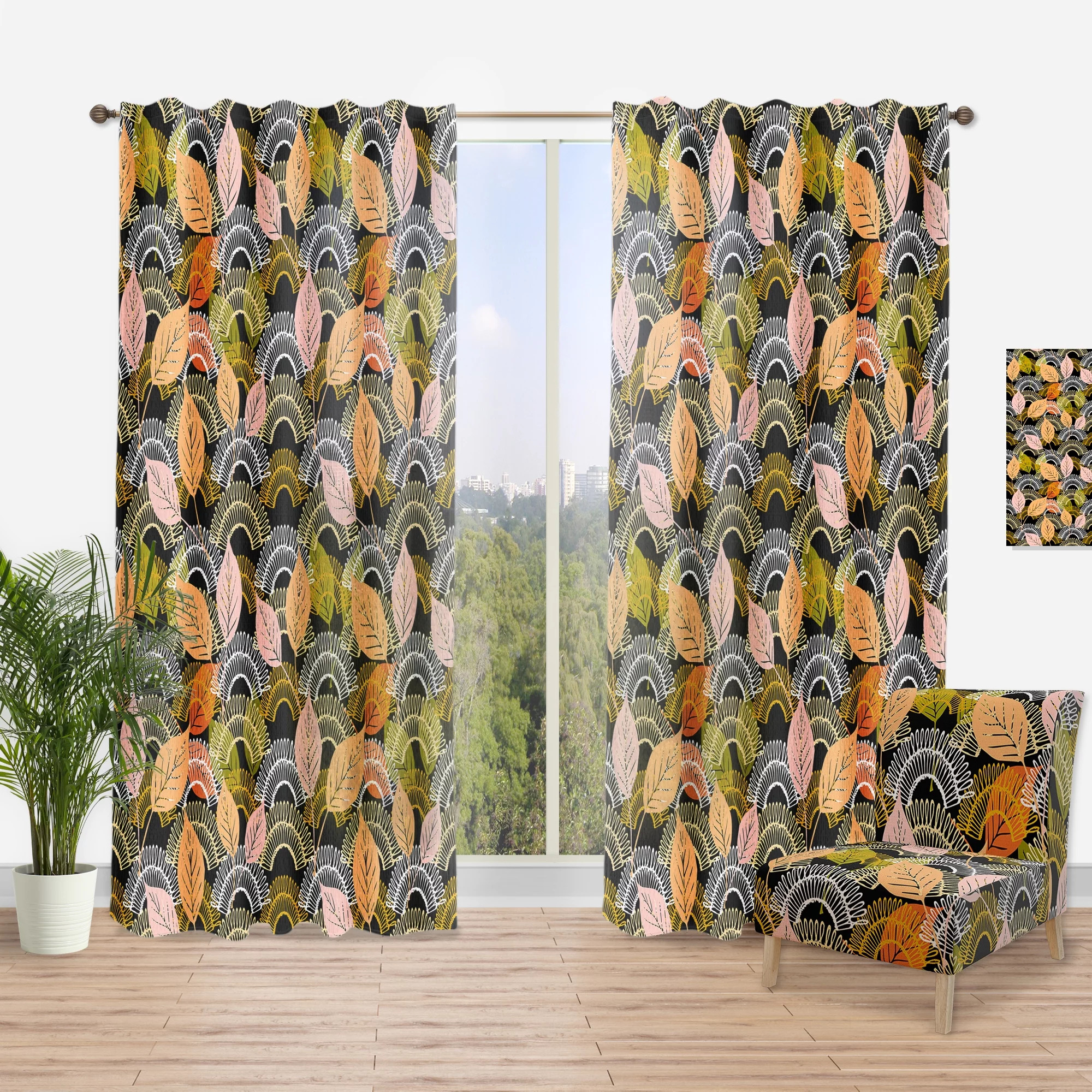 The curtain panel with different colored leaves