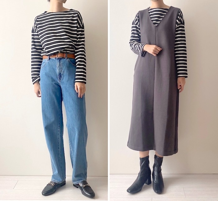 ユニクロのオススメの商品「ボーダーTシャツ(長袖)」のコーディネート