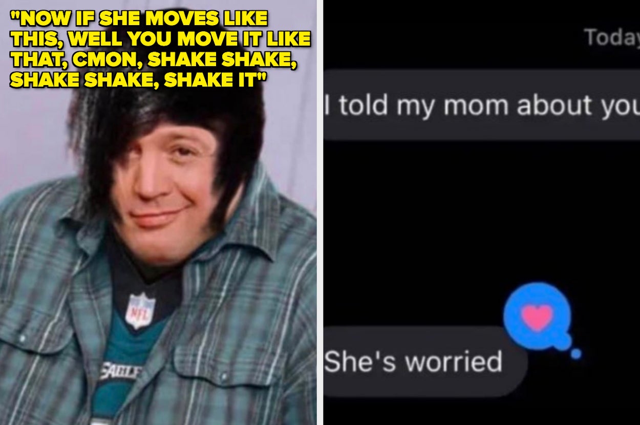 Kevin James in a wig vs a screenshot of a man telling a girl he told his mom about her