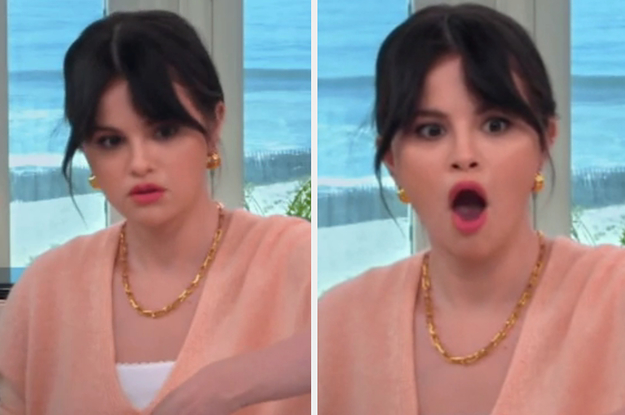 Selena Gomez looking up with a shocked expression