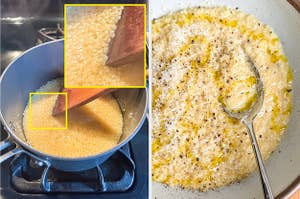 close up of pastina under broth in a pot with a close up shot of the plated version next to it
