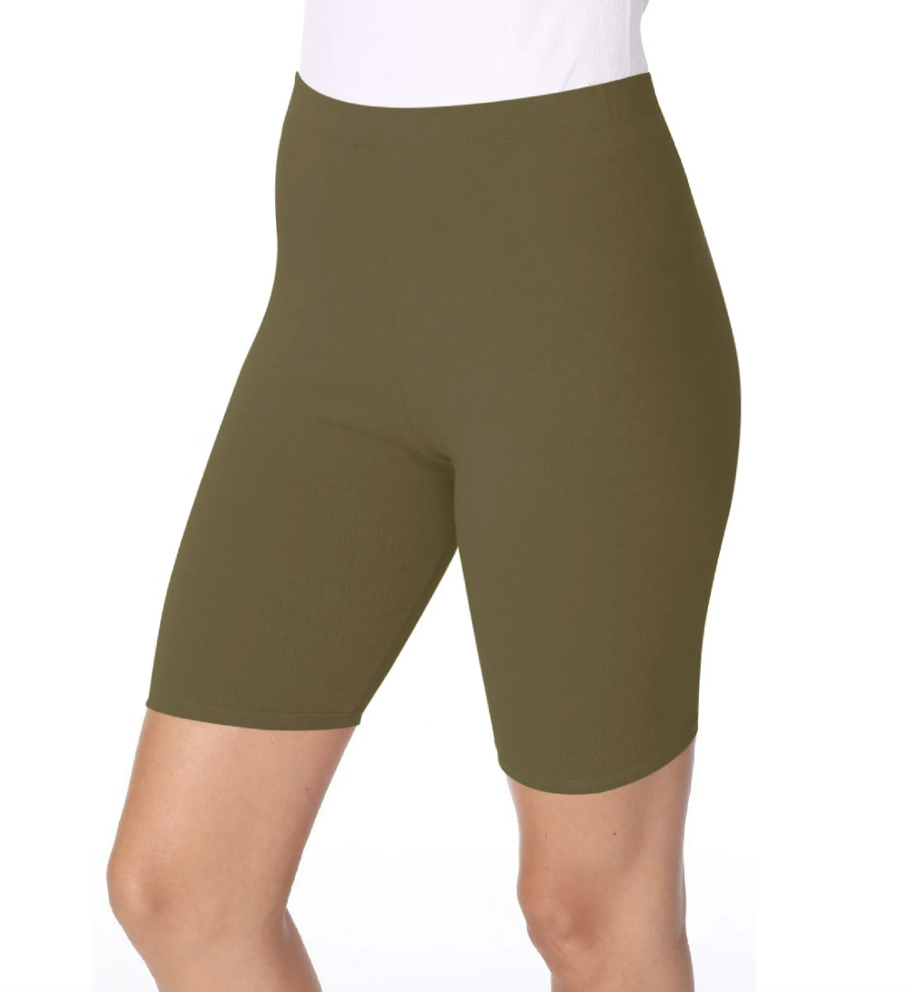 A pair of olive green biker shorts