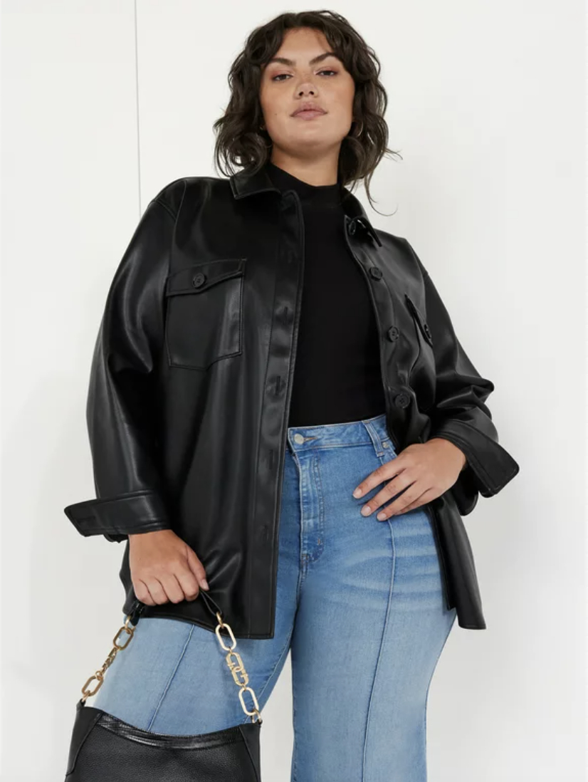 A black faux leather shacket