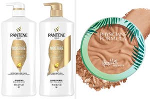 bottle of shampoo and conditioner, bronzer makeup 