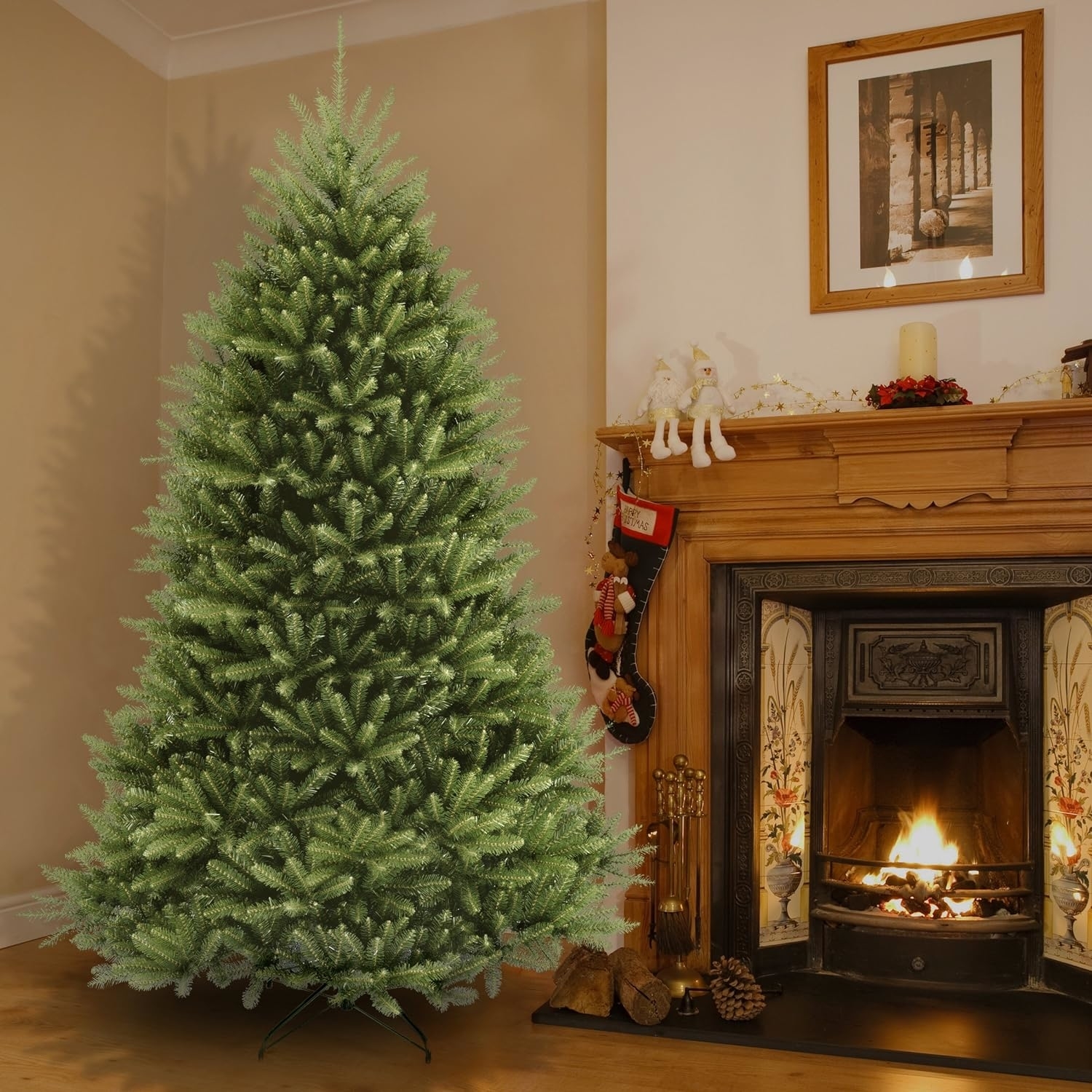 artificial tree next to a fireplace