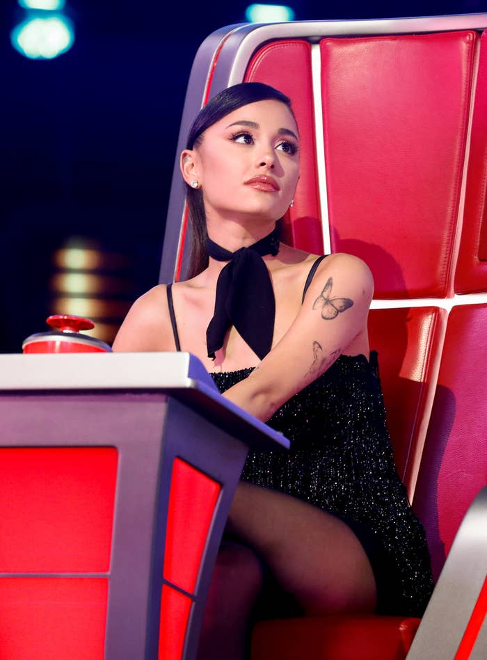 closeup of ariana while judging on the voice