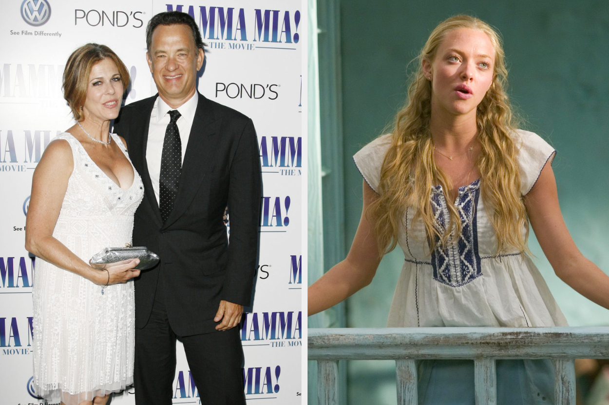 Tom Hanks and Rita Wilson on a Mamma Mia red carpet side by side with Amanda Seyfried in Mamma Mia