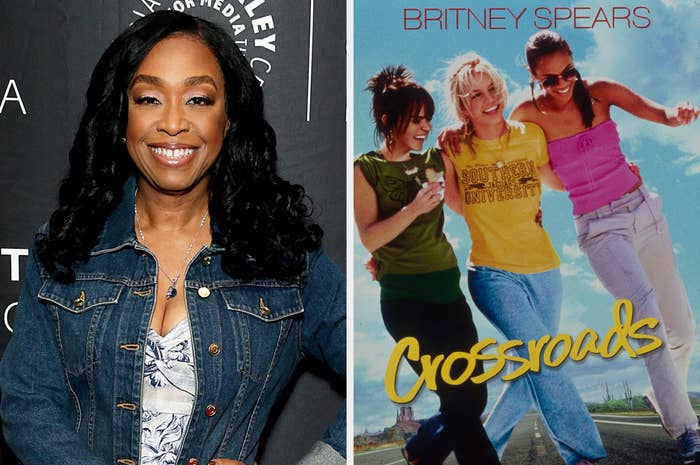 Shonda Rhimes side by side with the Crossroads poster featuring britney spears, zoe saldana and taryn manning
