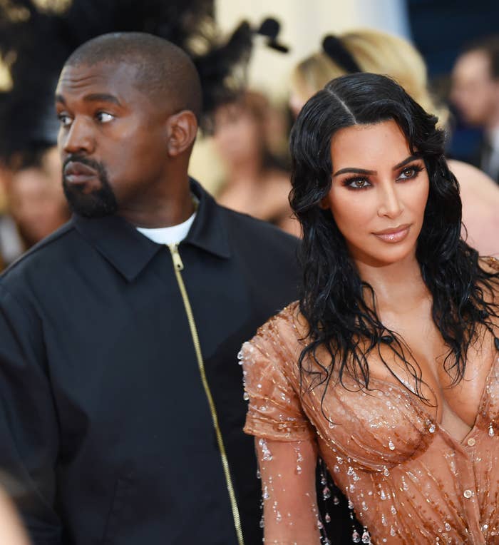 closeup of kanye and kim at a red carpet event