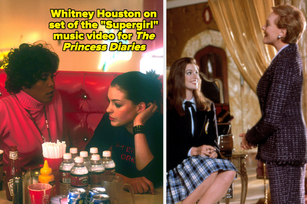 Whitney and Anne Hathaway on the princess diaries set of the music video for supergirl side by side with Julie Andrews and Anne Hathaway filming a scene together