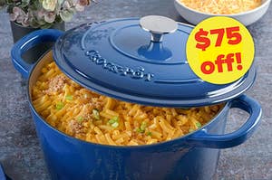 open dutch oven with macaroni and cheese inside
