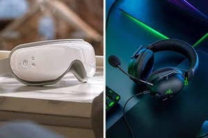 to the left: an over-eye massager, to the right: black gaming headphones