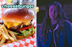 On the left, a cheeseburger, and on the right, Olivia Rodrigo in the Drivers License music video