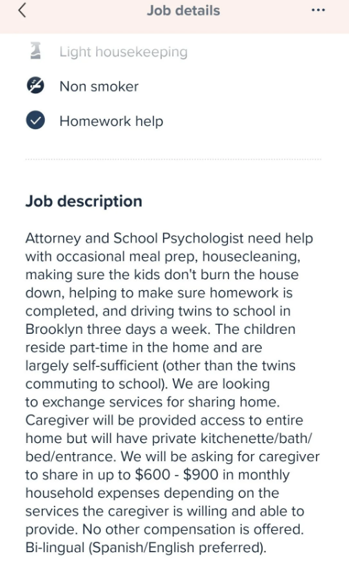 A job post asks for someone to live in their home, help with meal prep, house cleaning, and driving kids to school, and asks them to share in household expenses with no compensation