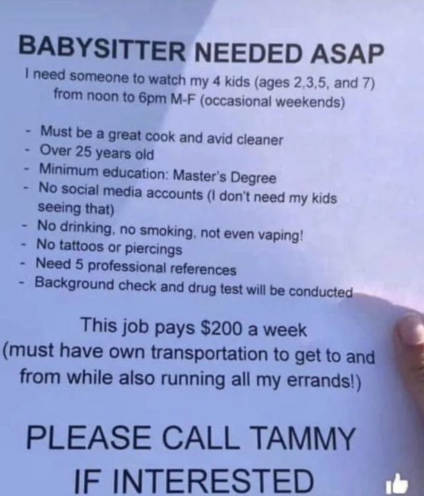 A flier asking for a babysitter for four children for six hours a day, says applicants must have a master&#x27;s degree, can&#x27;t have social media accounts, and the pay is $200 a week