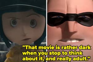 Coraline walks down a staircase vs Mr Incredible clenches his teeth in anger