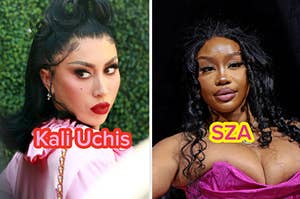 Kali Uchis on a red carpet next to a separate image of SZA on a red carpet