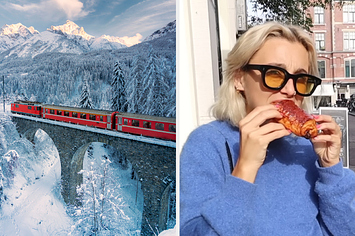 On the left, a train going through a snowy forest in Switzerland, and on the right, Emma Chamberlain eating a croissant