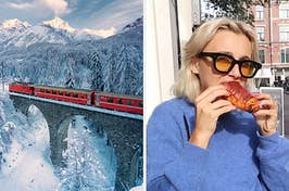 On the left, a train going through a snowy forest in Switzerland, and on the right, Emma Chamberlain eating a croissant