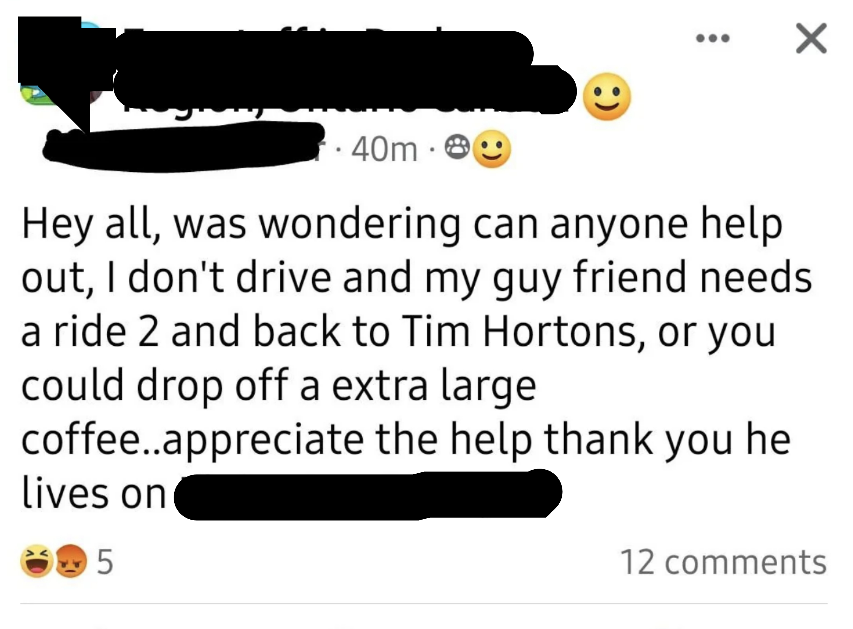 A social media post asks if someone can pick up their friend to take them to Tim Horton&#x27;s, or pick up a coffee and bring it to them