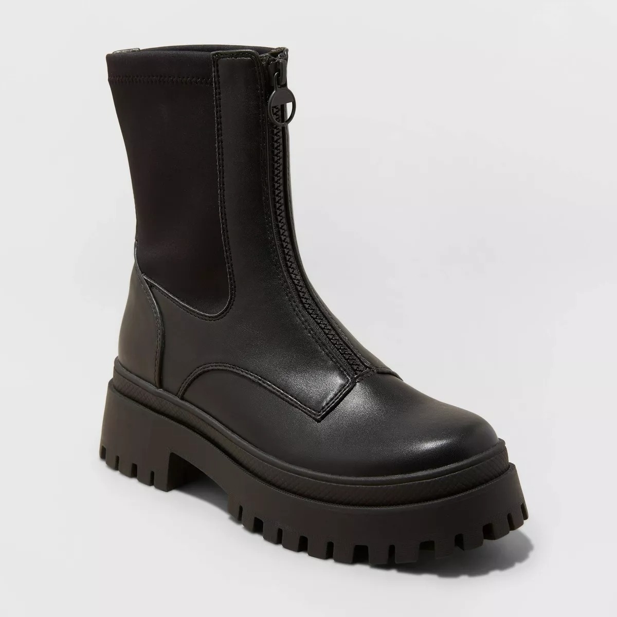 black platform boots with front zipper