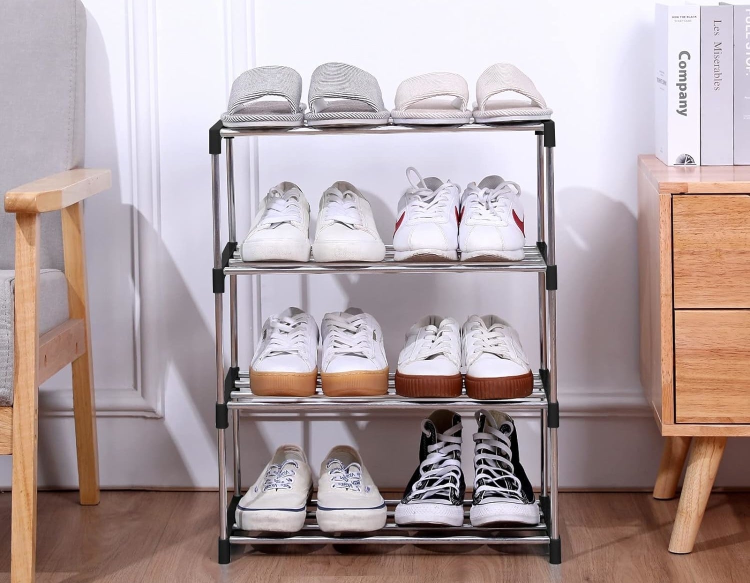a tiered shoe rack holding various shoes