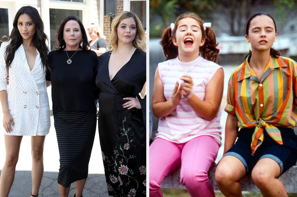 I Marlene King with Shay Mitchell and Sasha Pieterse side by side a still from Now and Then