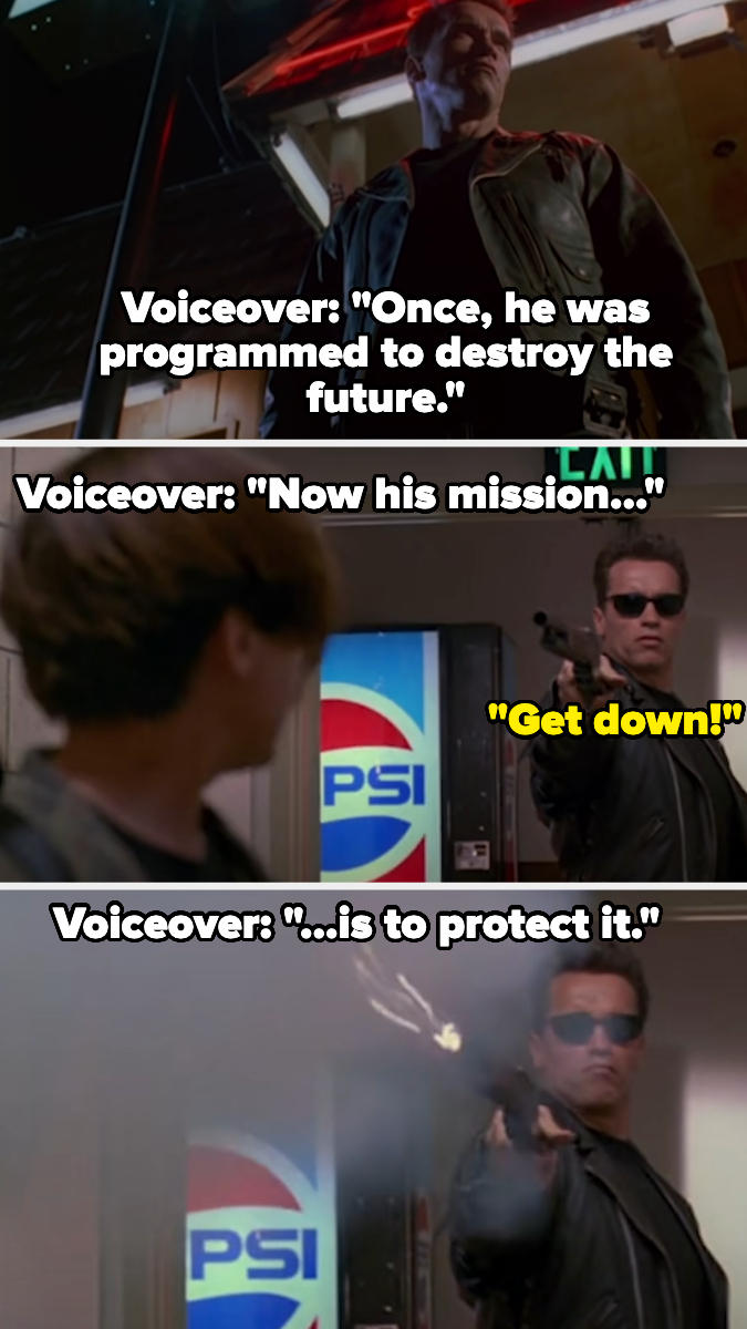 voiceover saying, once he was programmed to destroy the future, now his mission is to protect it
