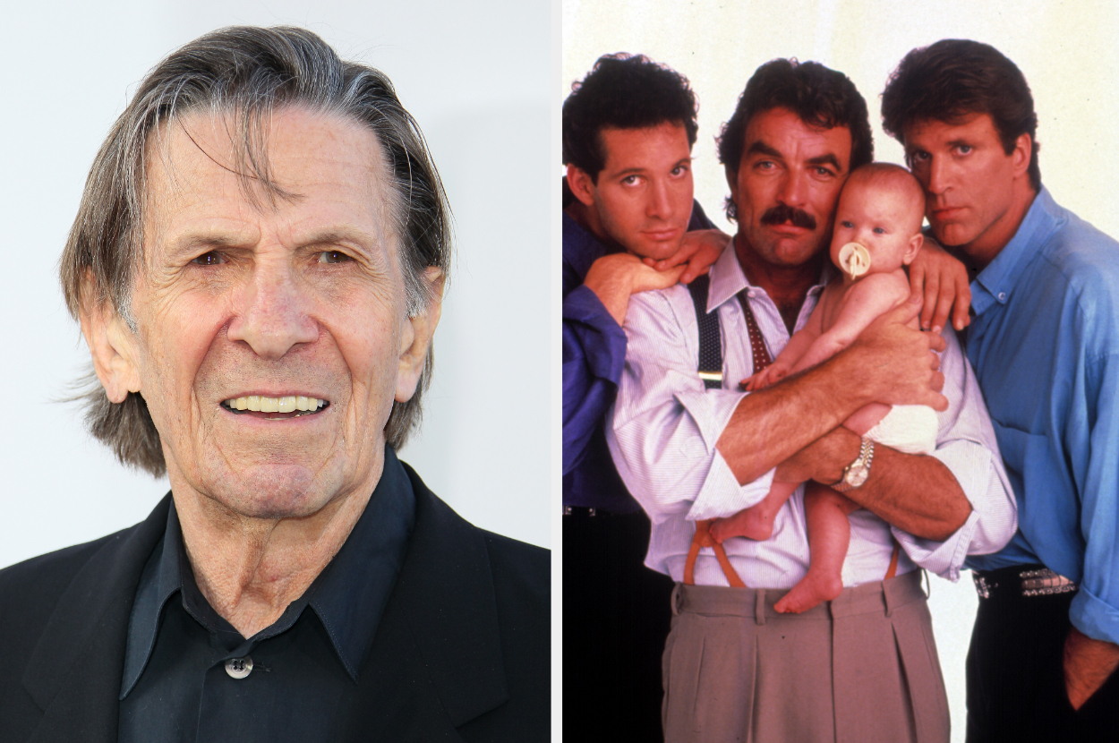 Leonard Nimoy side by side the main cast of three men and a baby