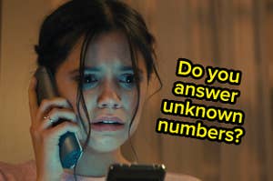 Jenna Ortega on a phone call in "Scream."