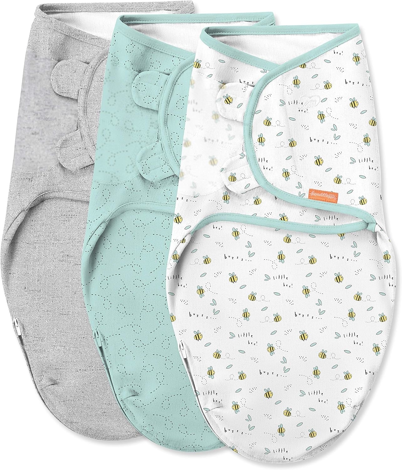 The swaddles in grey, blue swirl, and a bee print