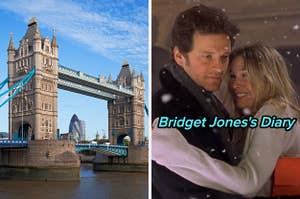 On the left, the London Tower Bridge, and on the right, Colin Firth and Renee Zellweger embracing in the snow as Mark and Bridget in Bridget Jones's Diary